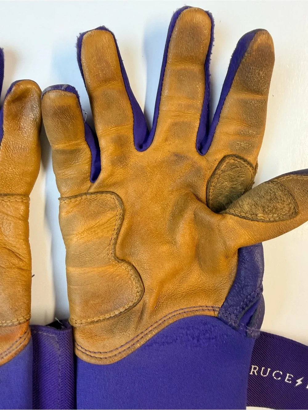 Bruce Bolt Purple and Tan Leather Gloves w/ Wrist Strap & Pink Bolt Mens Small